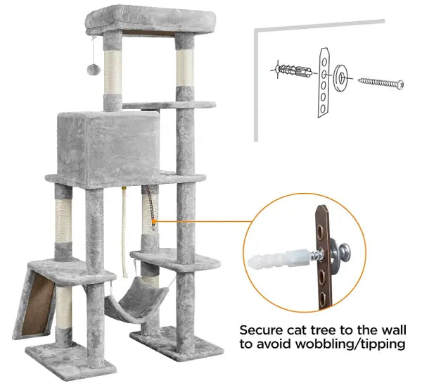 Light Gray 4-Level Plush Cat Tree with Hammock for Kittens 63"