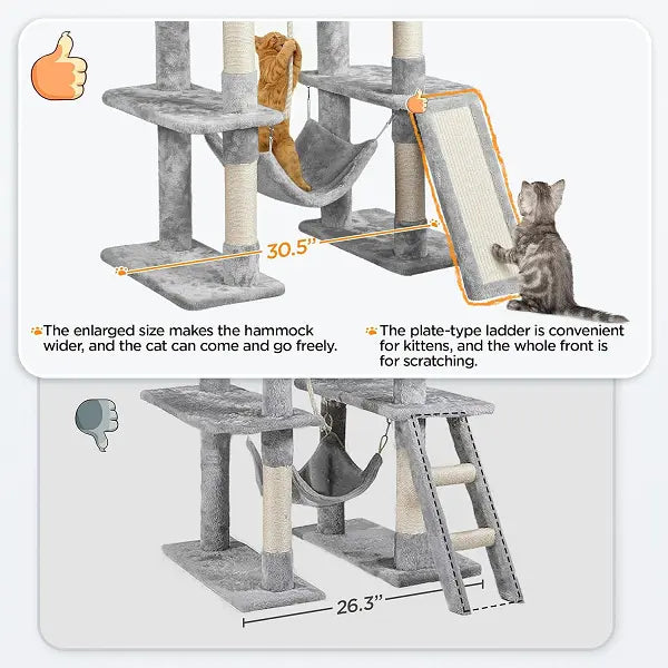 Light Gray 4-Level Plush Cat Tree with Hammock for Kittens 63"