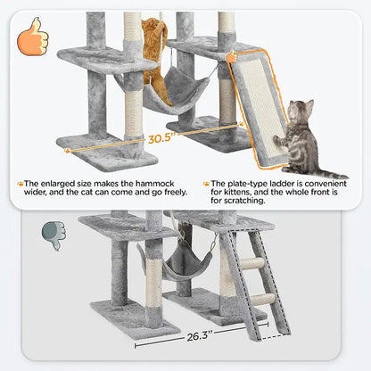 Light Gray 4-Level Plush Cat Tree with Hammock for Kittens 63"