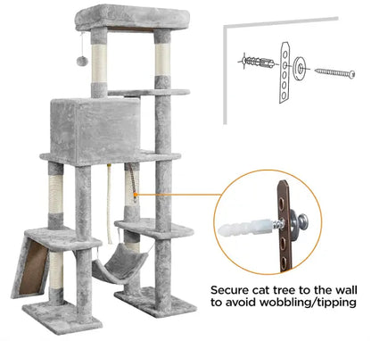 Light Gray 4-Level Plush Cat Tree with Hammock for Kittens 63"