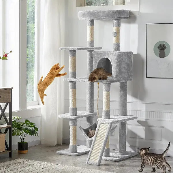 Light Gray 4-Level Plush Cat Tree with Hammock for Kittens 63"