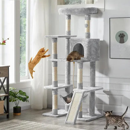 Light Gray 4-Level Plush Cat Tree with Hammock for Kittens 63"