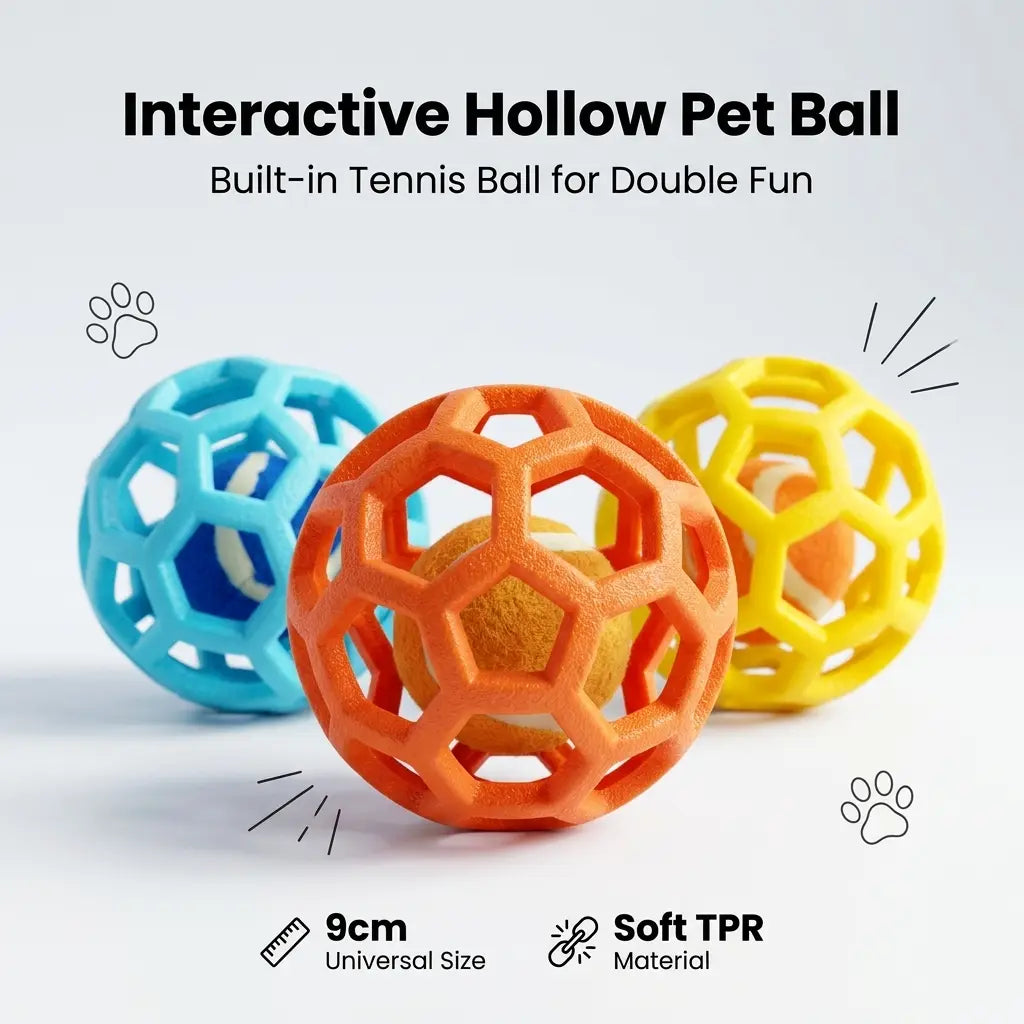 3-Pack Soft TPR Hollow Dog Toy Balls with Integrated Tennis Ball for Interactive Fetch and Dental Care, Ideal for Small to Large Dogs for Indoor and Outdoor Play