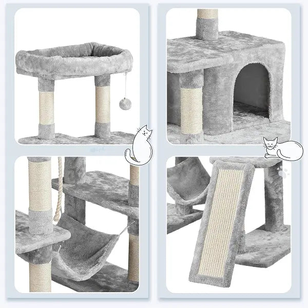 Light Gray 4-Level Plush Cat Tree with Hammock for Kittens 63"