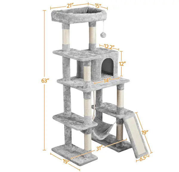Light Gray 4-Level Plush Cat Tree with Hammock for Kittens 63"