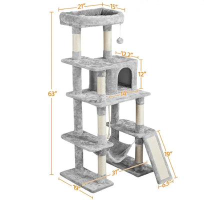 Light Gray 4-Level Plush Cat Tree with Hammock for Kittens 63"