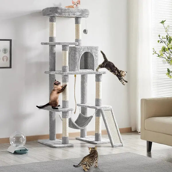 Light Gray 4-Level Plush Cat Tree with Hammock for Kittens 63"