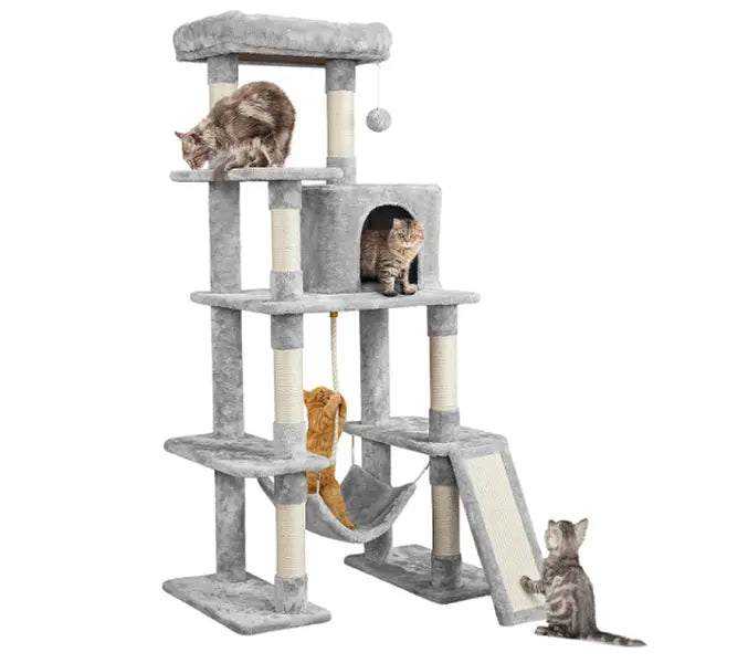 Light Gray 4-Level Plush Cat Tree with Hammock for Kittens 63"